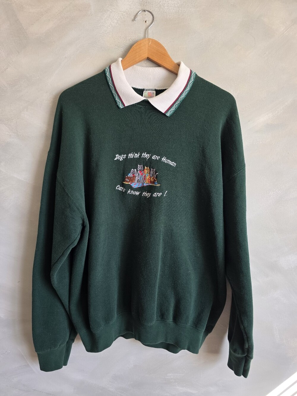 Vtg Grandma 90s Forest Green Graphic Collared Sweatshirt Cat Dog Embroidered XL